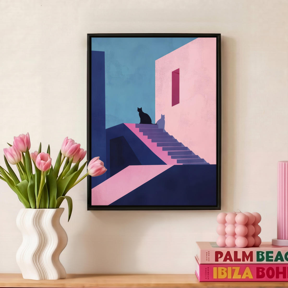 LEINWAND Bilder mit Rahmen - Katze - Treppe - Gebäude - Schattenkontraste - 30x40 - Dunkelblau, Textil (30/40cm) - MuchoWow