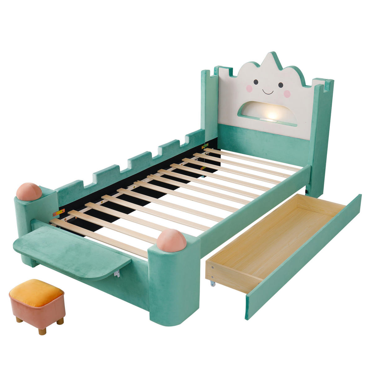 KINDERPOLSTERBETT 90x200 cm in Blaugrün mit LED-Leselampe, USB und Schublade - Blau, Textil (90/200cm) - IVMEU