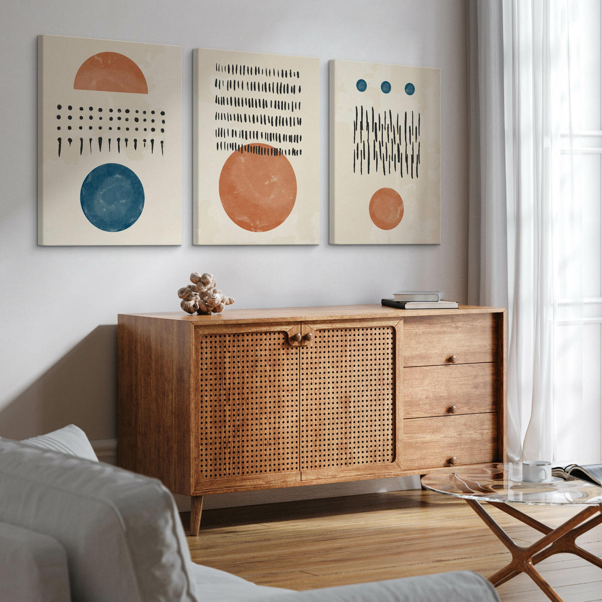 LEINWANDBILDER 3-er Set Abstrakte Kunst - Türkis/Blau, Textil (90/40cm) - Muralo