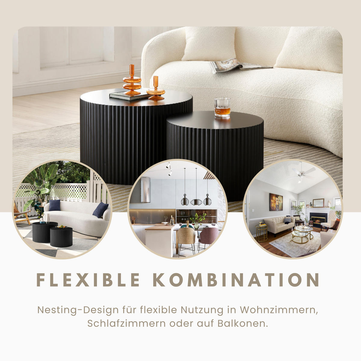 COUCHTISCH-SET 60/60/40 cm schwarz aus MDF mit Nesting-Design - Schwarz, Holzwerkstoff (60/60/40cm) - OKWISH