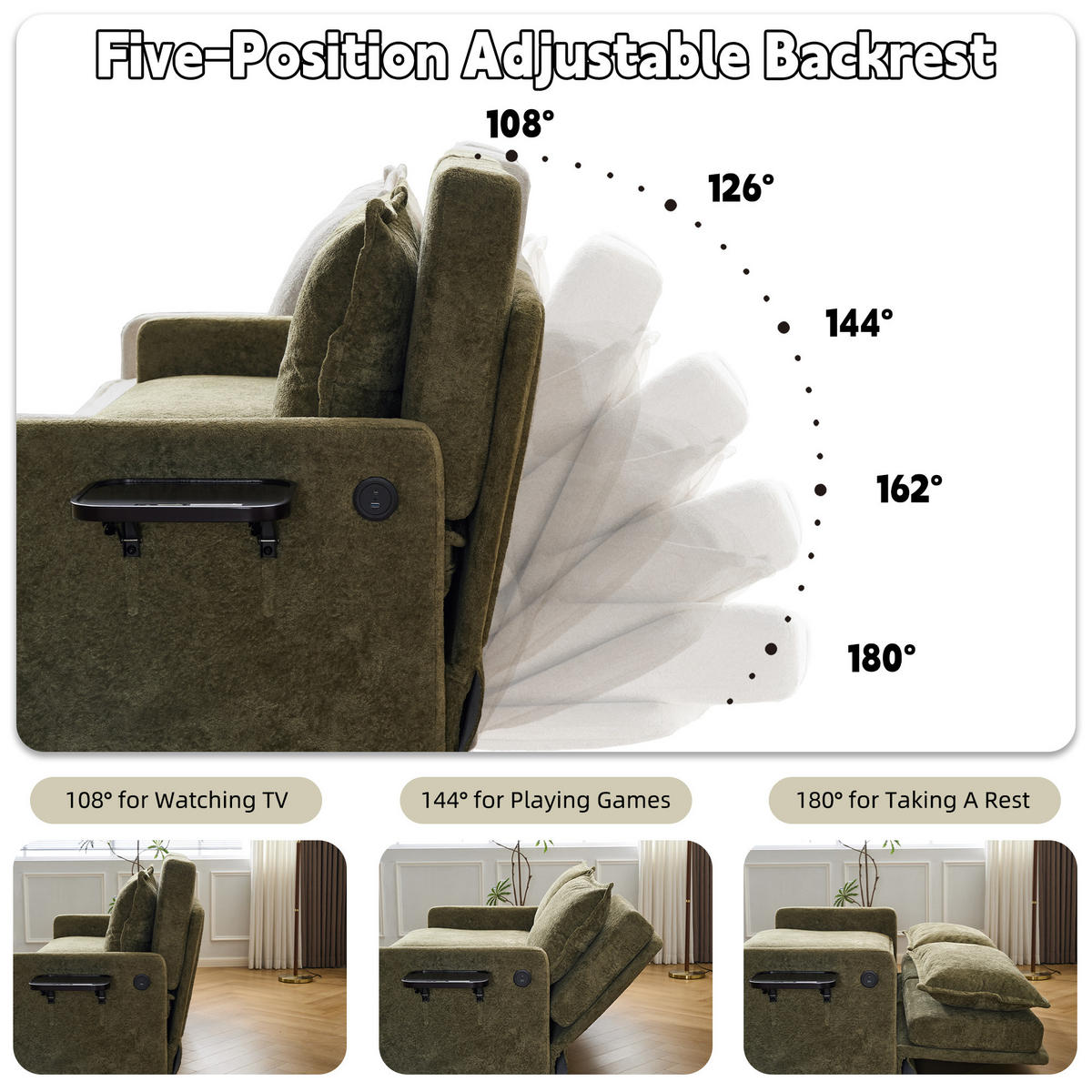 SCHLAFSOFA DE-33505 mit 5‑Stufen verstellbar Grün - Grün, Textil (172.5/95/71cm) - ComfortXL