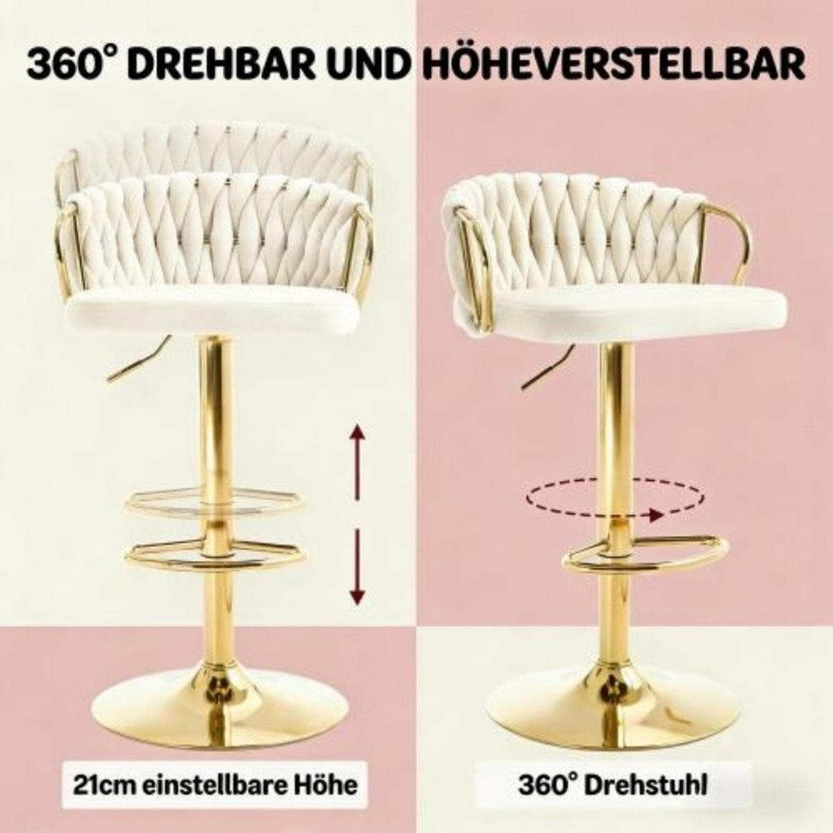 BARHOCKER 2er-Set höhenverstellbar drehbar Samt Cream White - Weiß, Metall (49.5/98/50.51cm) - Meubliv