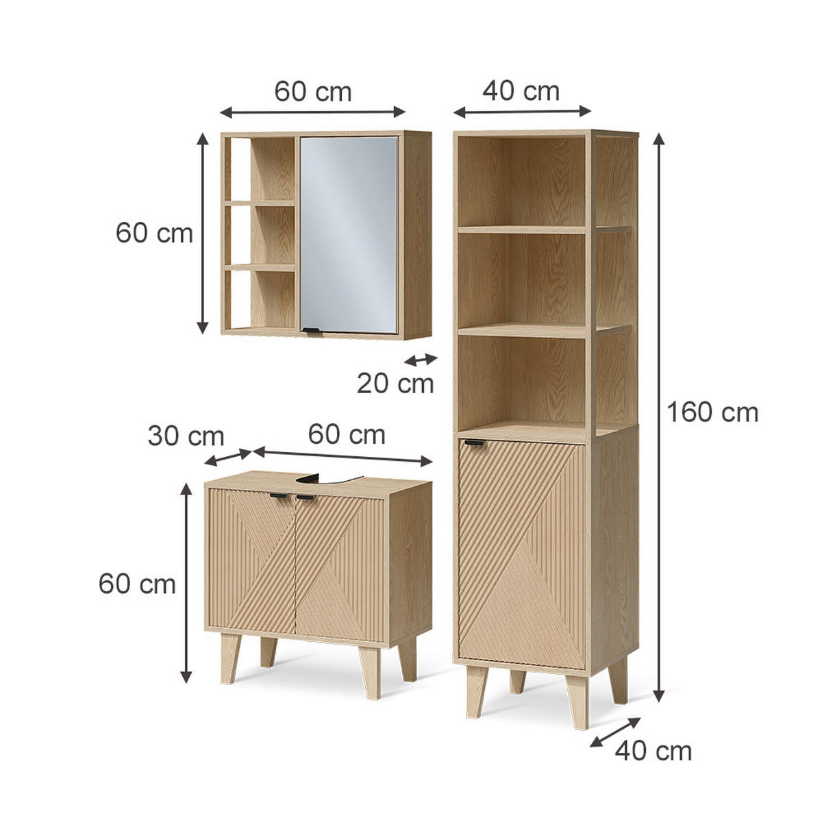 KOUPELNOVÝ NÁBYTEK Arven, Dub, 3dílná sada s vysokou skříňkou - barva dubu, kompozitní dřevo (60/60/30cm) - Vicco