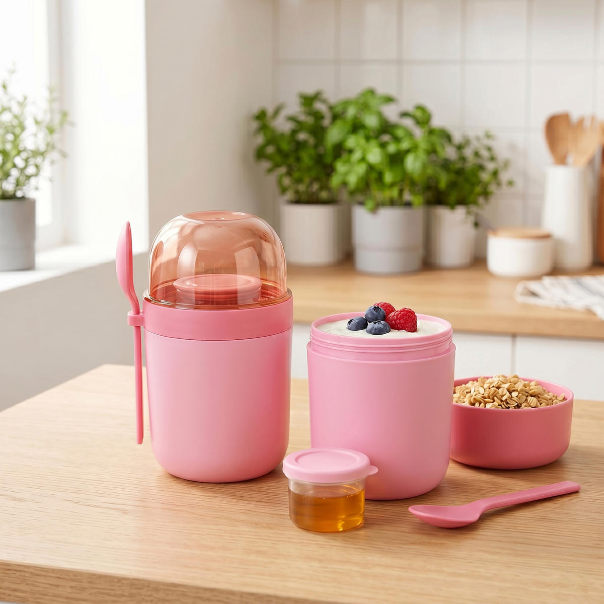MÜSLIBECHER Pink 4er-Set auslaufsicher - Pink, Kunststoff - Relaxdays