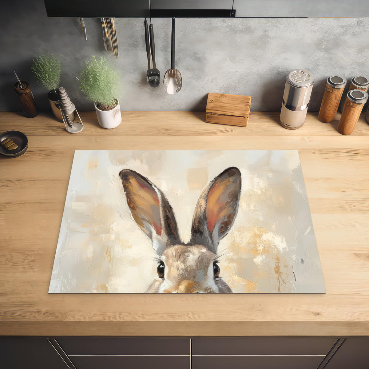 HERDABDECKPLATTE Hase - Ohren - Braun Induktionsmatte 71x52 cm - Beige, Kunststoff (71/52/0.2cm) - MuchoWow