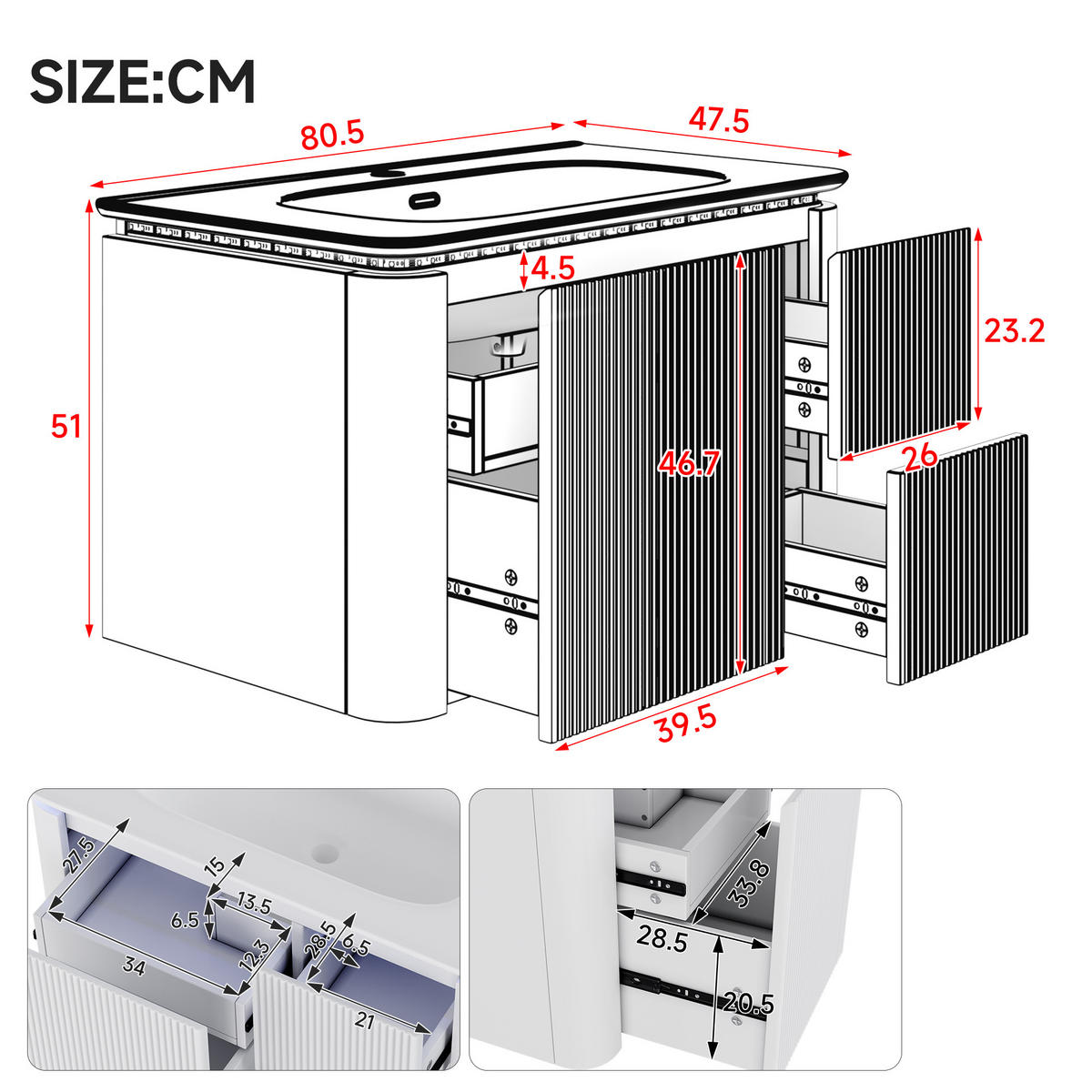 WANDMONTIERTER Waschtischunterschrank 80.5x47.5x51 cm Grün aus Holzwerkstoff & Keramik mit Schubladen - Grün, Holzwerkstoff (80.5/51/47.5cm) - Modfu