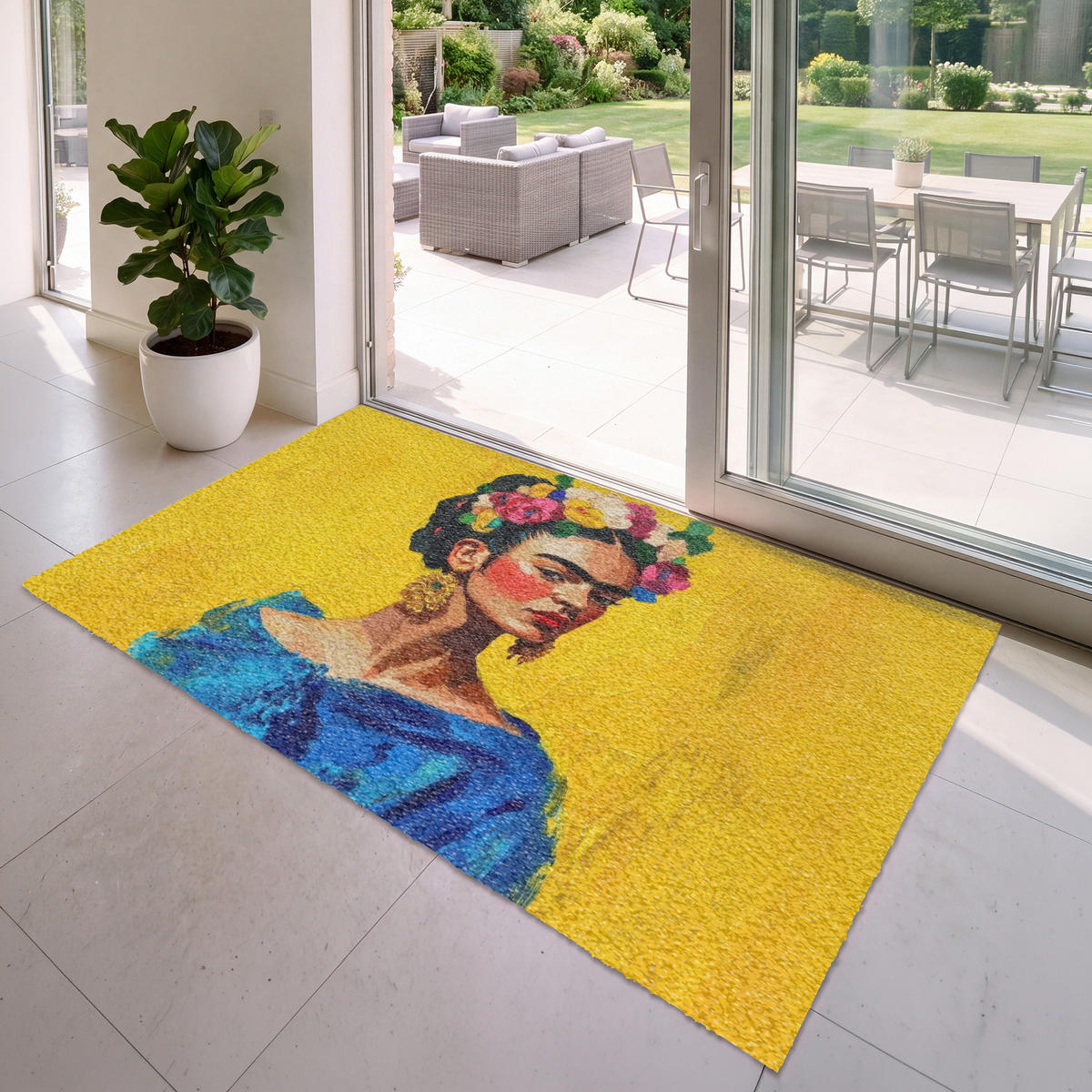FUSSMATTE Frida Kahlo - Frau - Gelb - Blau - Blumen Schmutzfangmatte 180x120 cm - Gelb, Kunststoff (180/120cm) - MuchoWow