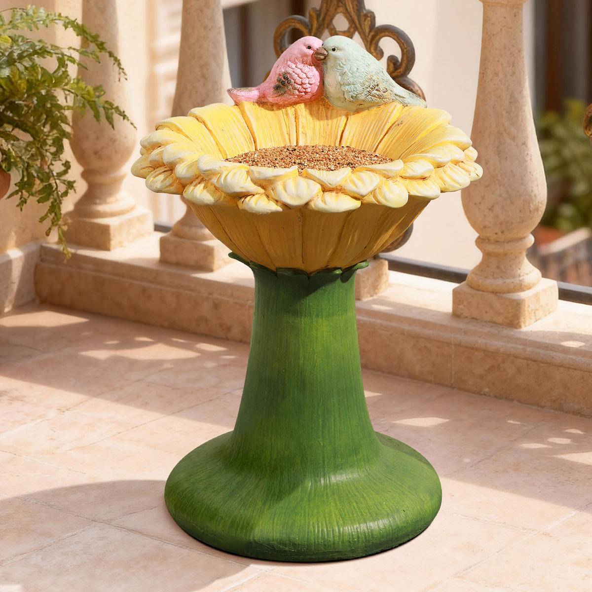 45 cm Hoher Sonnenblumen-Vogelhäuschen- und Vogeltränke-Kombi für den Außenbereich, aus MGO-Material, geeignet für Garten, Veranda und Hof - Multicolor, Kunststoff (32.5/45/32.5cm) - Hometopia