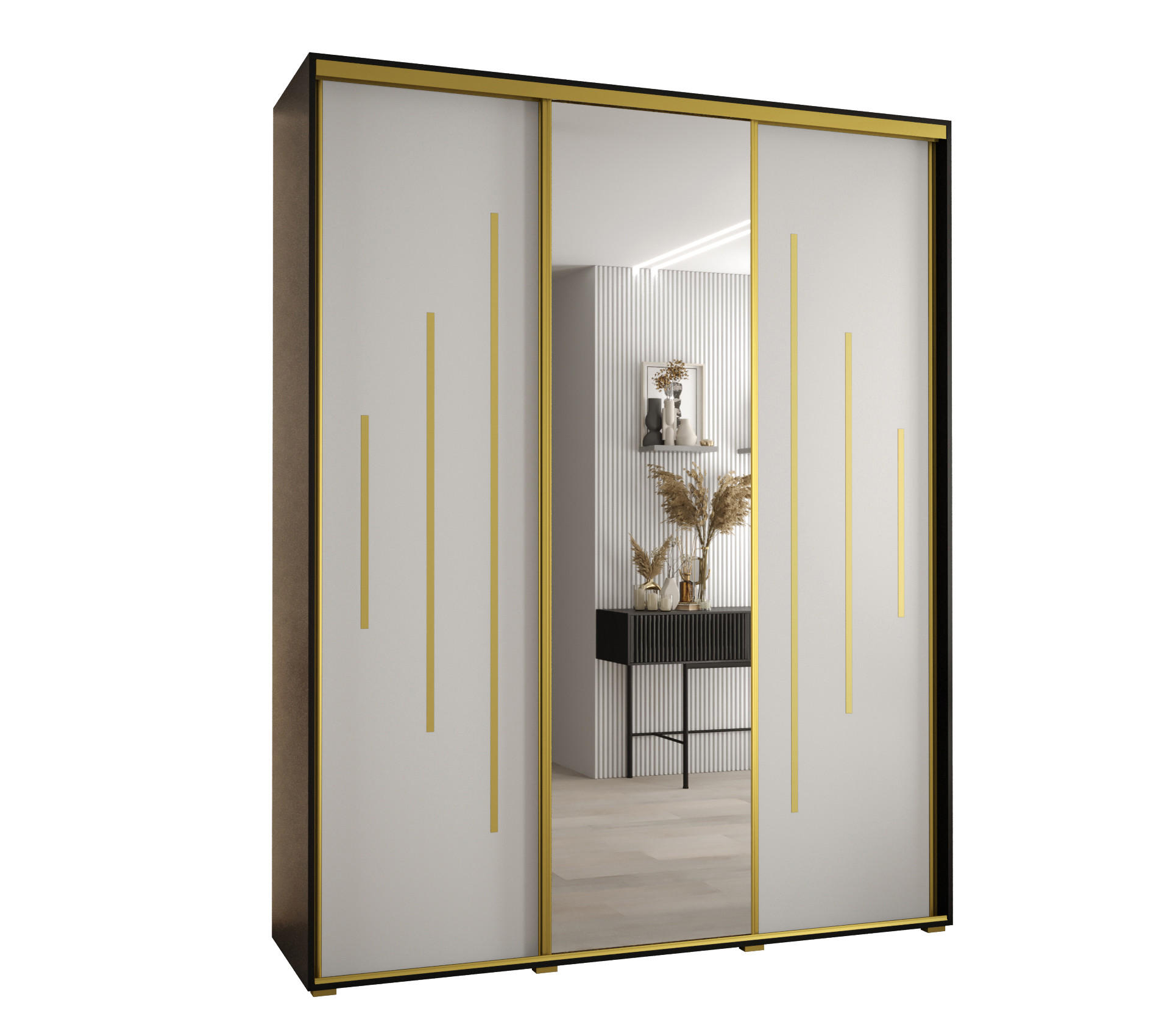 Abiks Möbel Schwebetürenschrank Schwarz, Weiß, Gold 200x235x45 cm