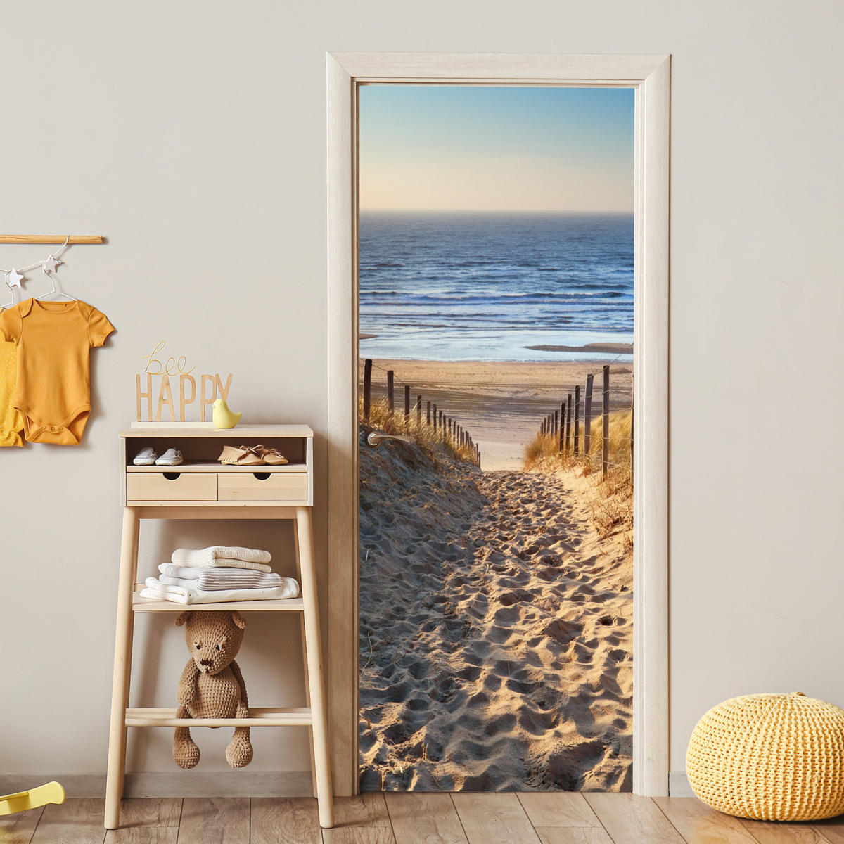 TÜRAUFKLEBER Strand - Meer - Niederlande - Dünen - Sonne 80x215 cm - Türtapete - Blau, Kunststoff (80/0.1cm) - MuchoWow