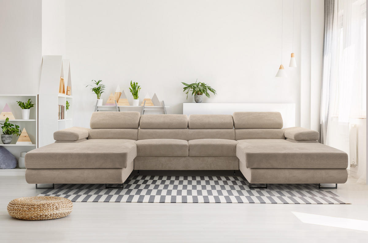 WOHNLANDSCHAFT Arborio Beige 352/202/90 cm mit Schlaffunktion - Beige/Schwarz, Textil/Metall (352/90/202cm) - AX Living
