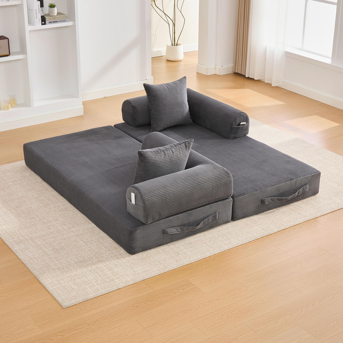SCHLAFSOFA 200/94/67 cm Dunkelgrau mit Seitentaschen plus und 3 Kissen - Dunkelgrau, Textil (200/67/94cm) - Oxeza