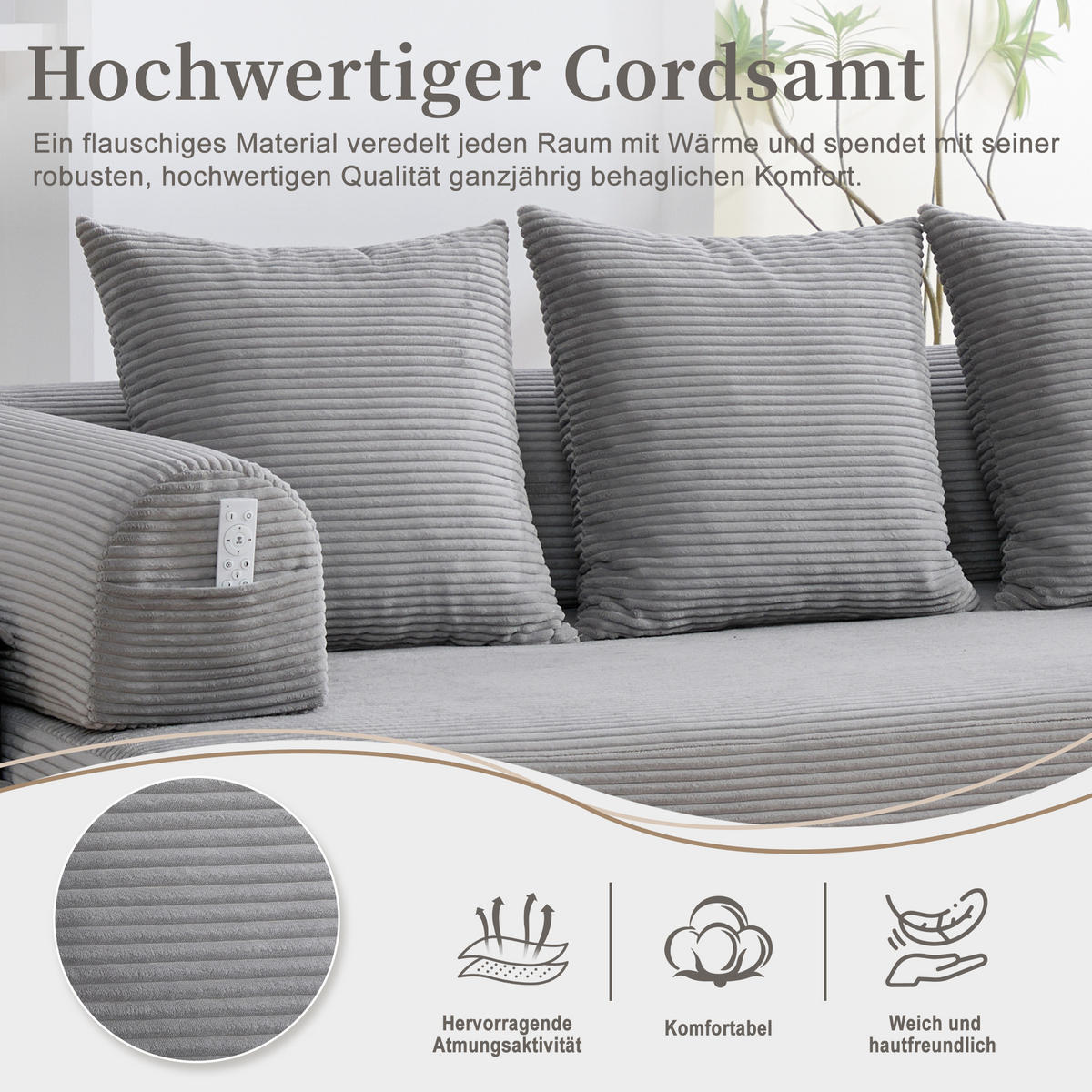 SCHLAFSOFA, Modulares Tagesbett mit Metallgestell, Klappbares Bodensofa Cordstoff, Hellgrau - Hellgrau, Textil (94/67/200cm) - LVHOM