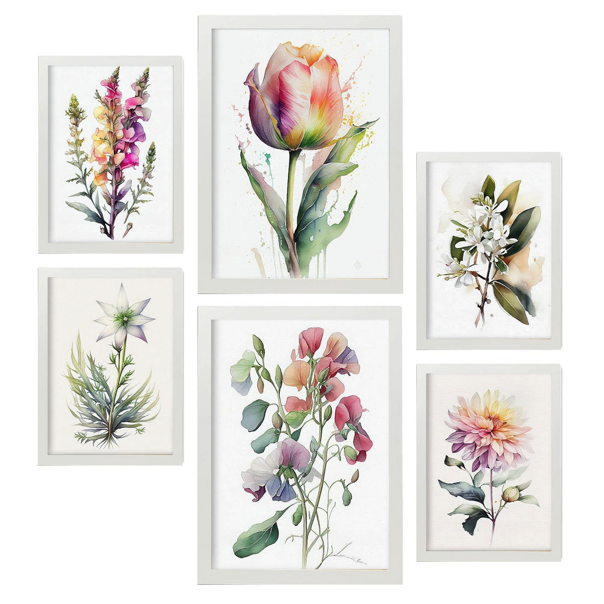POSTER Set Mit 6 Wilde Blumen Vollfarbige Natur Und Botanikdrucke Mit Blumenmotiven Auf Reinweißen Hintergründen A3 & A4 Weißer Rahmen - Weiß, Papier (29/3cm) - Nacnic