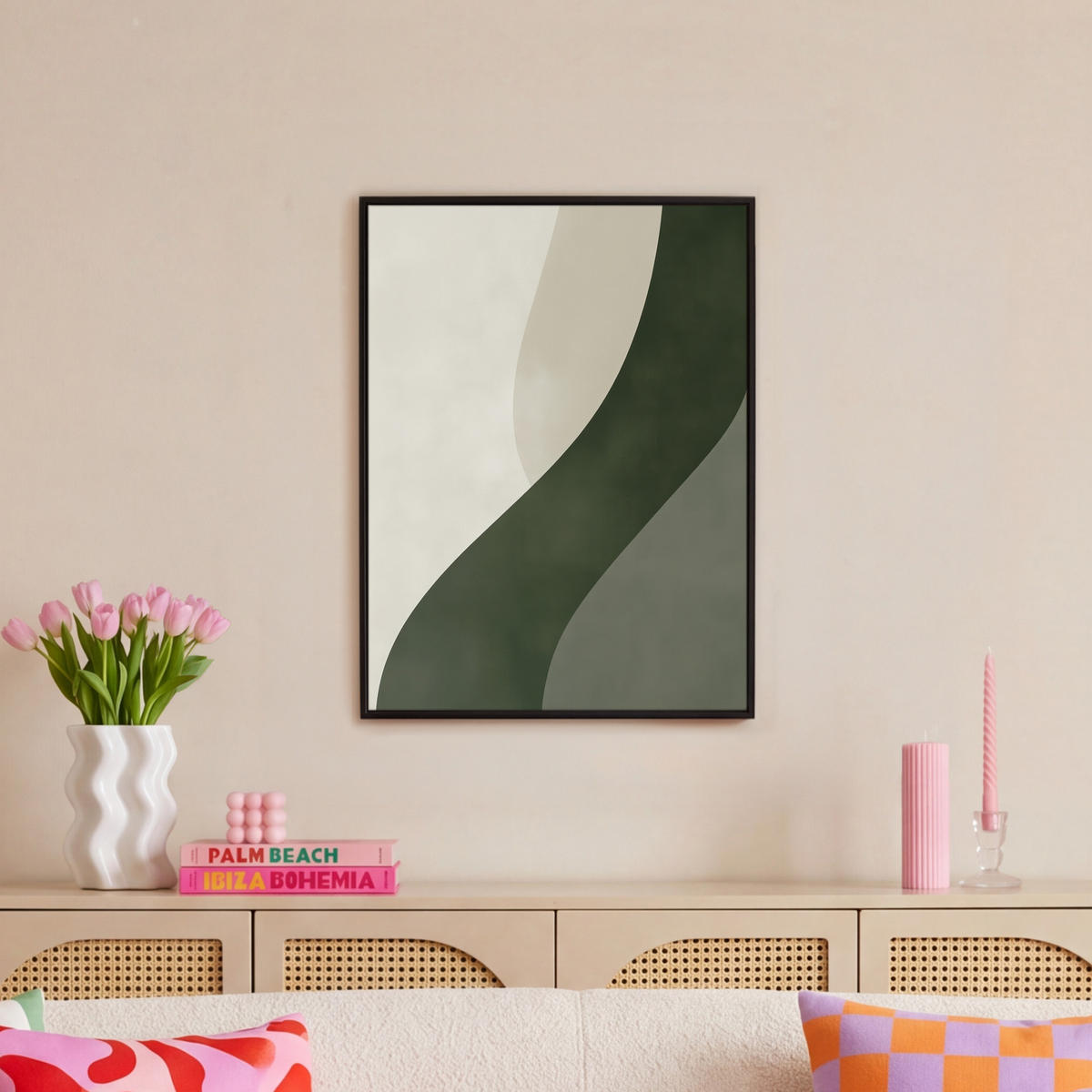 LEINWAND Bilder mit Rahmen - Japandi - Grün - Abstrakt - Modern - 50x70 - Salbeigrün, Textil (50/70cm) - MuchoWow