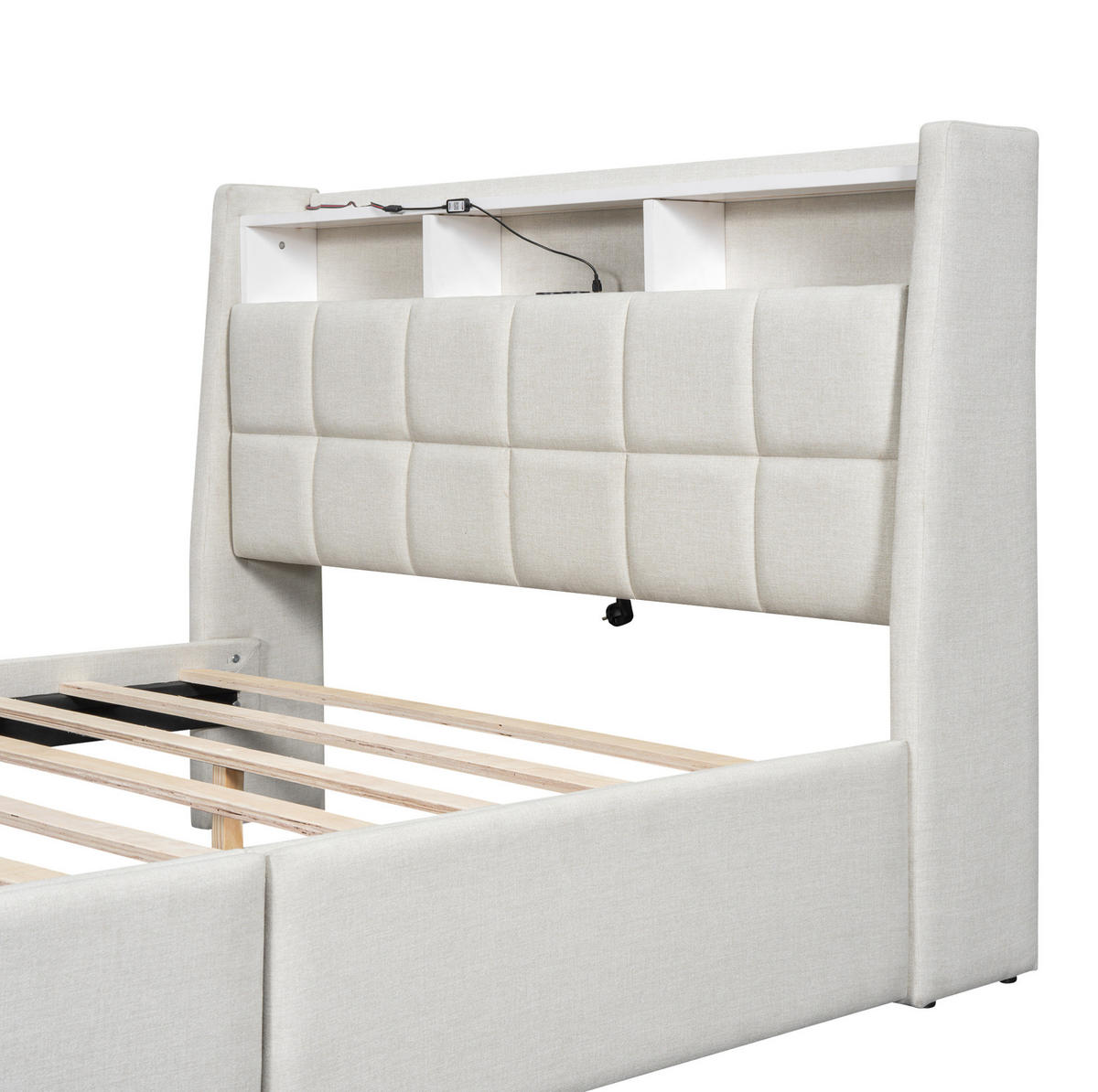POLSTERBETT 140/200 cm mit LED-Beleuchtung, USB und 2 Schubladen, Beige - Beige, Textil (140/200cm) - BEAOK
