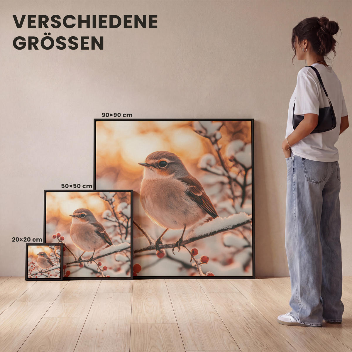 LEINWAND Bilder mit Rahmen - Vogel - Zweig - Winter - Tiere - Schnee - 20x20 - Bernsteinfarben, Textil (20/20cm) - MuchoWow