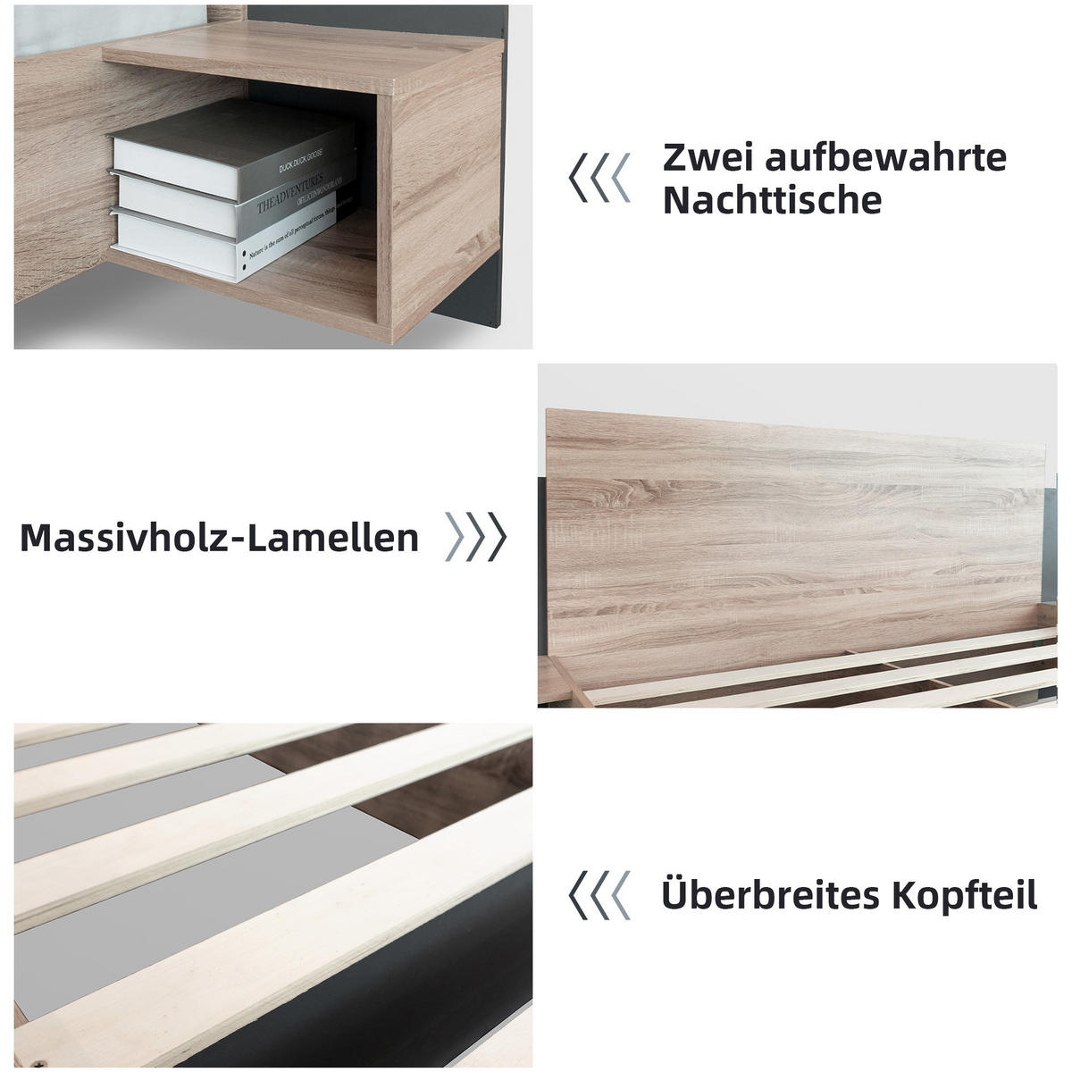 BETTANLAGE 160/200 cm in Sonoma-Eiche & Dunkelgrau mit 2 Nachtkommoden - Hellbraun, Holzwerkstoff/Textil (160/200cm) - WISHDOR