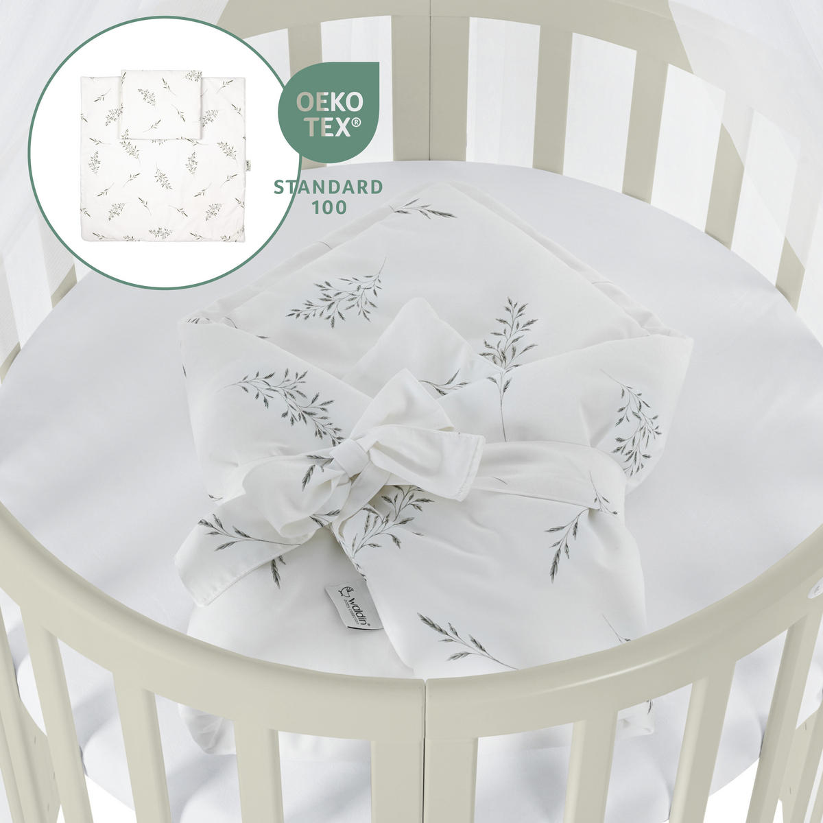 BABYBETT OLIVE OVAL 7in1 mit Matratze und Himmelset - Olivgrün/Weiß, Holz/Textil