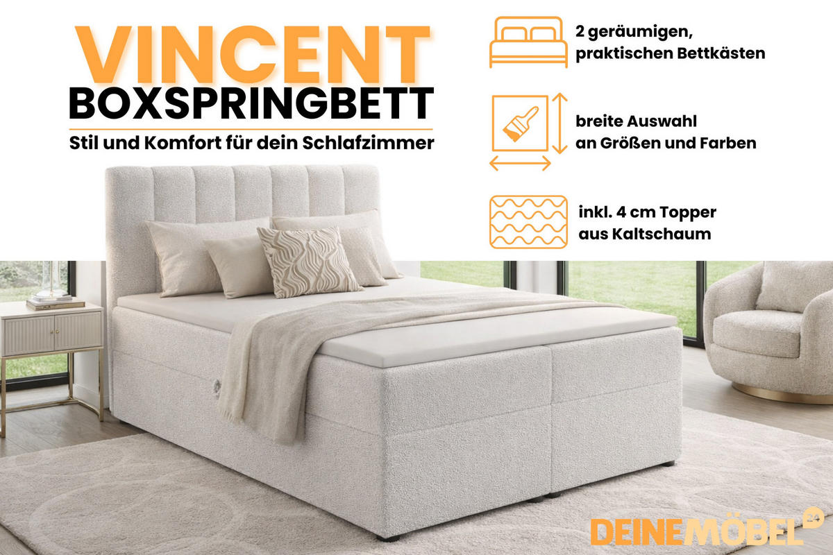 BOXBETT VINCENT 200/200 in Boucle Weiß H3 - Weiß, Holz/Holzwerkstoff (200/200cm) - Deine Möbel 24