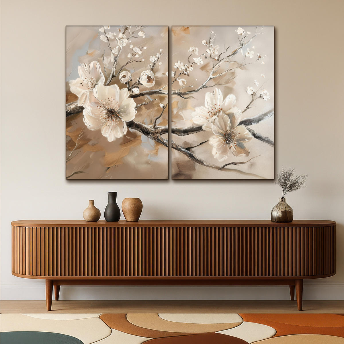 LEINWANDBILD 2er Set Blüte - Beige - Abstrakt - Blumen 160x120 cm - Hellbraun, Textil (160/120cm) - MuchoWow