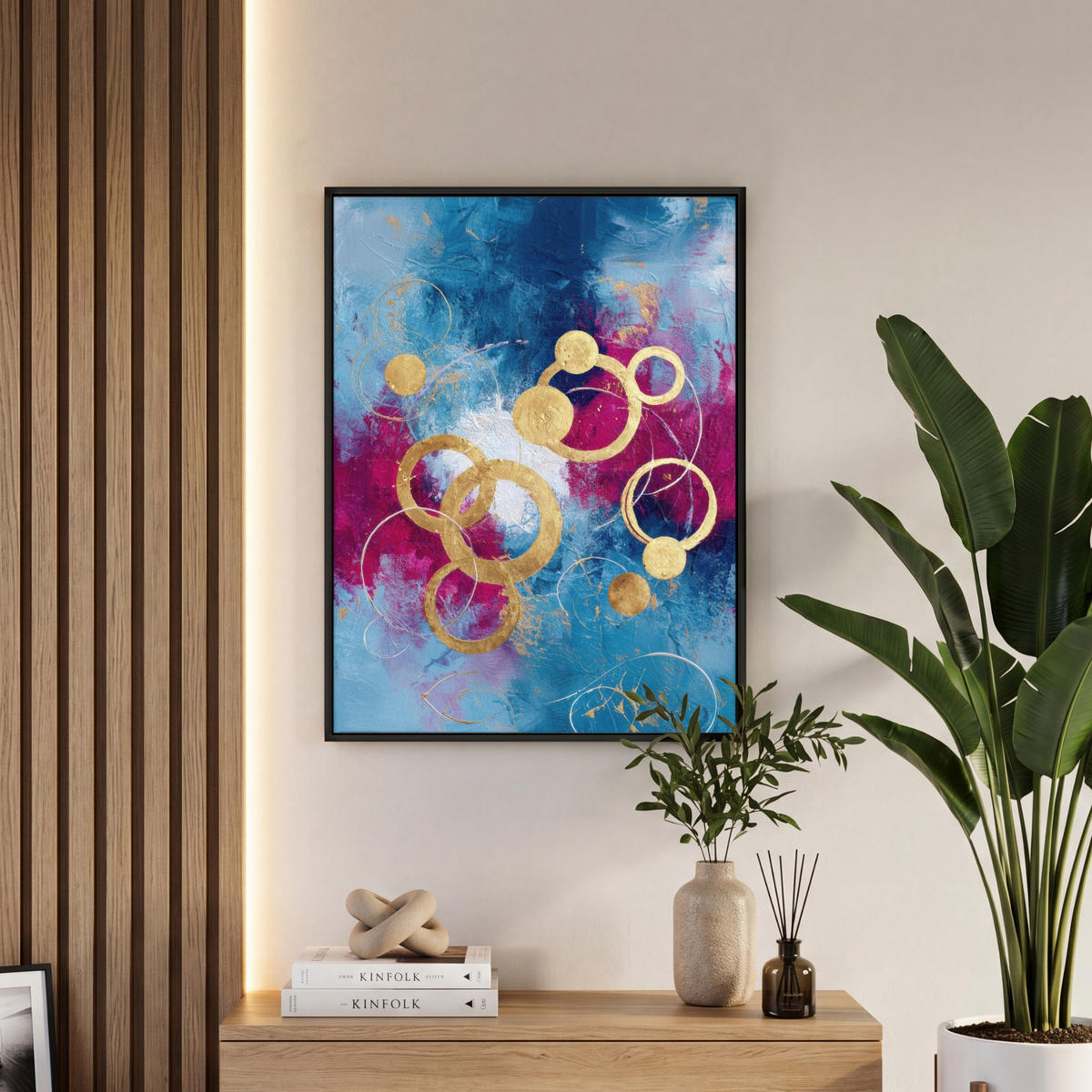 LEINWAND Bilder mit Rahmen - Kreise - Gold - Abstrakt - 50x70 - Blau, Textil (50/70cm) - MuchoWow