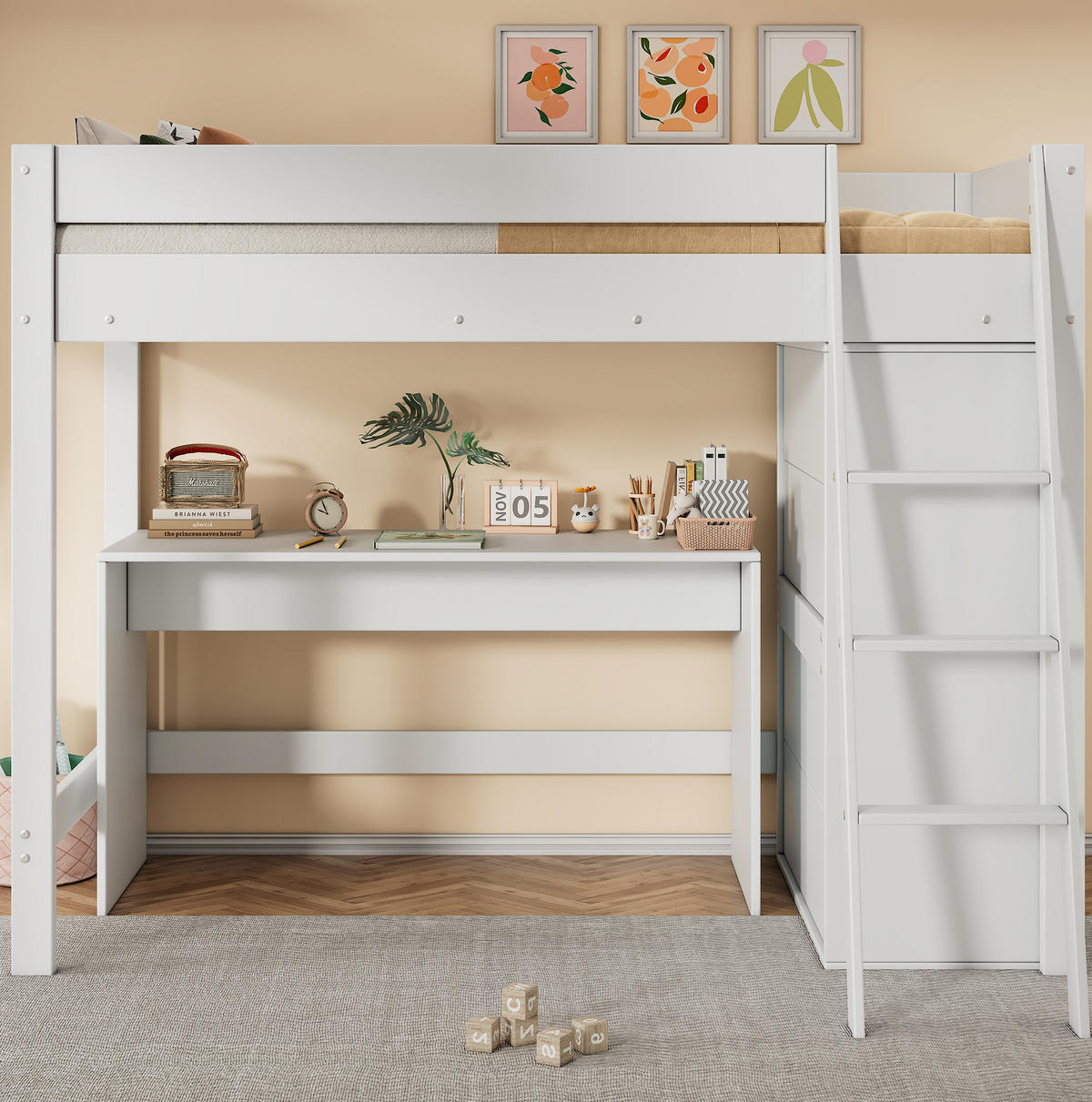 VISOKA Visoka postelja 90/200 cm bela iz masivnega lesa z mizo, omaro in lestvijo - bela, leseni material (90/200cm) - OKWISH
