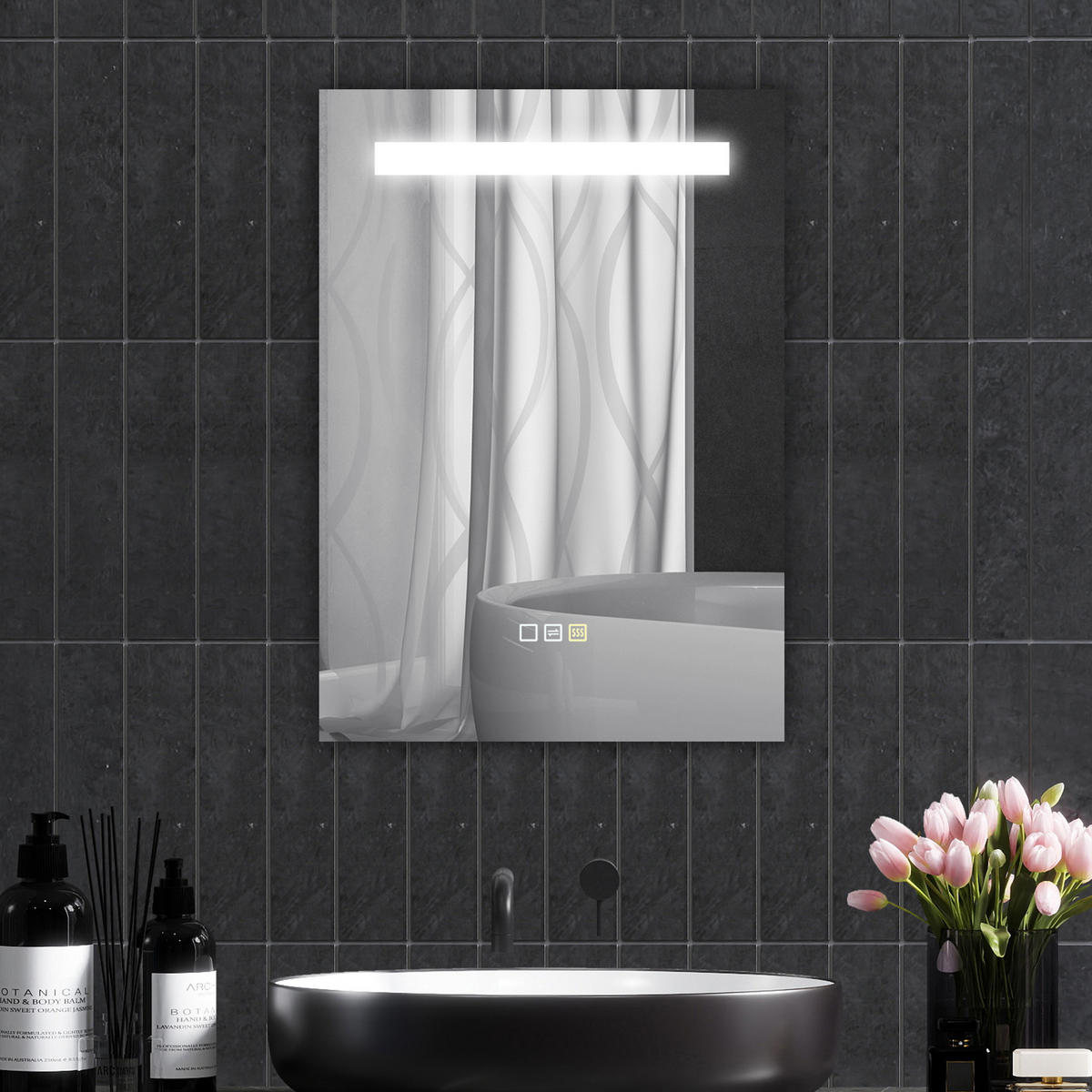 BADEZIMMERSPIEGEL mit LED-Beleuchtung, 3 Lichtfarben, Antibeschlagfunktion,IP44,70 x 50 cm - Silberfarben, Glas (3.5/50/70cm) - Vallsero