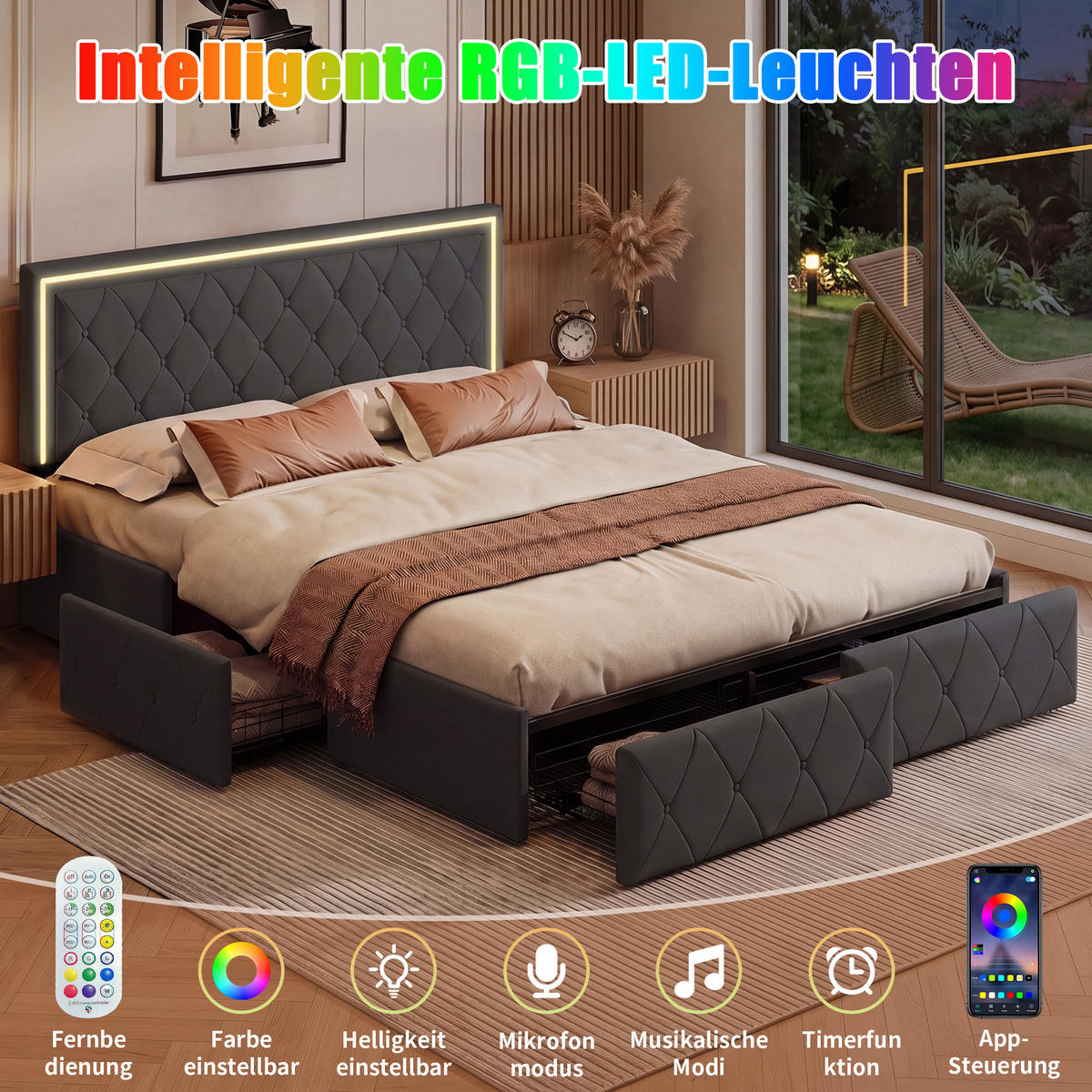 POLSTERBETT Grau 140x200 cm mit LED Kopfteil, 4 Schubladen und Bettkasten - Grau, Holzwerkstoff (140/200cm) - Novahome