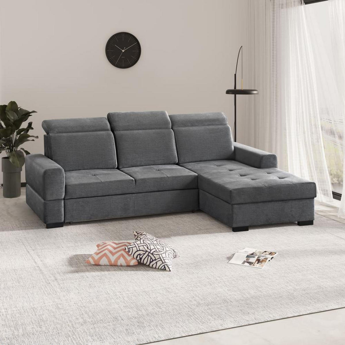 ECKSCHLAFSOFA Alex Mini grau rechts - Schwarz/Grau, Textil (245/185cm) - Beautysofa