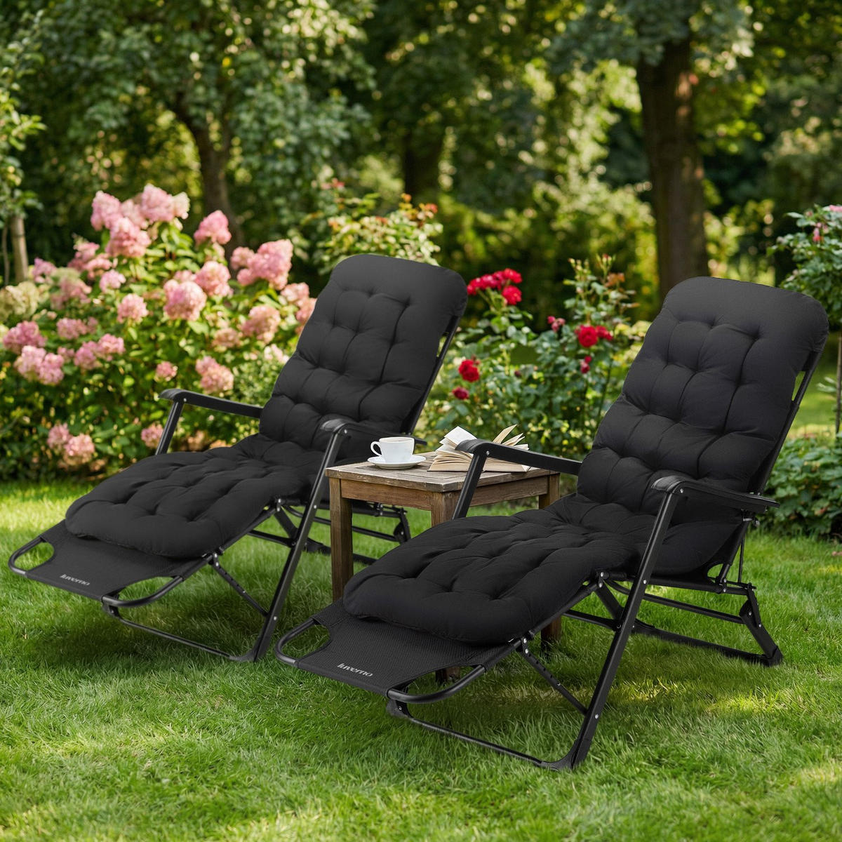 GARTEN-RELAXSESSEL mit Kissen, 180/52 cm, bis 120 kg - Schwarz, Metall (52/76/180cm) - Luverno