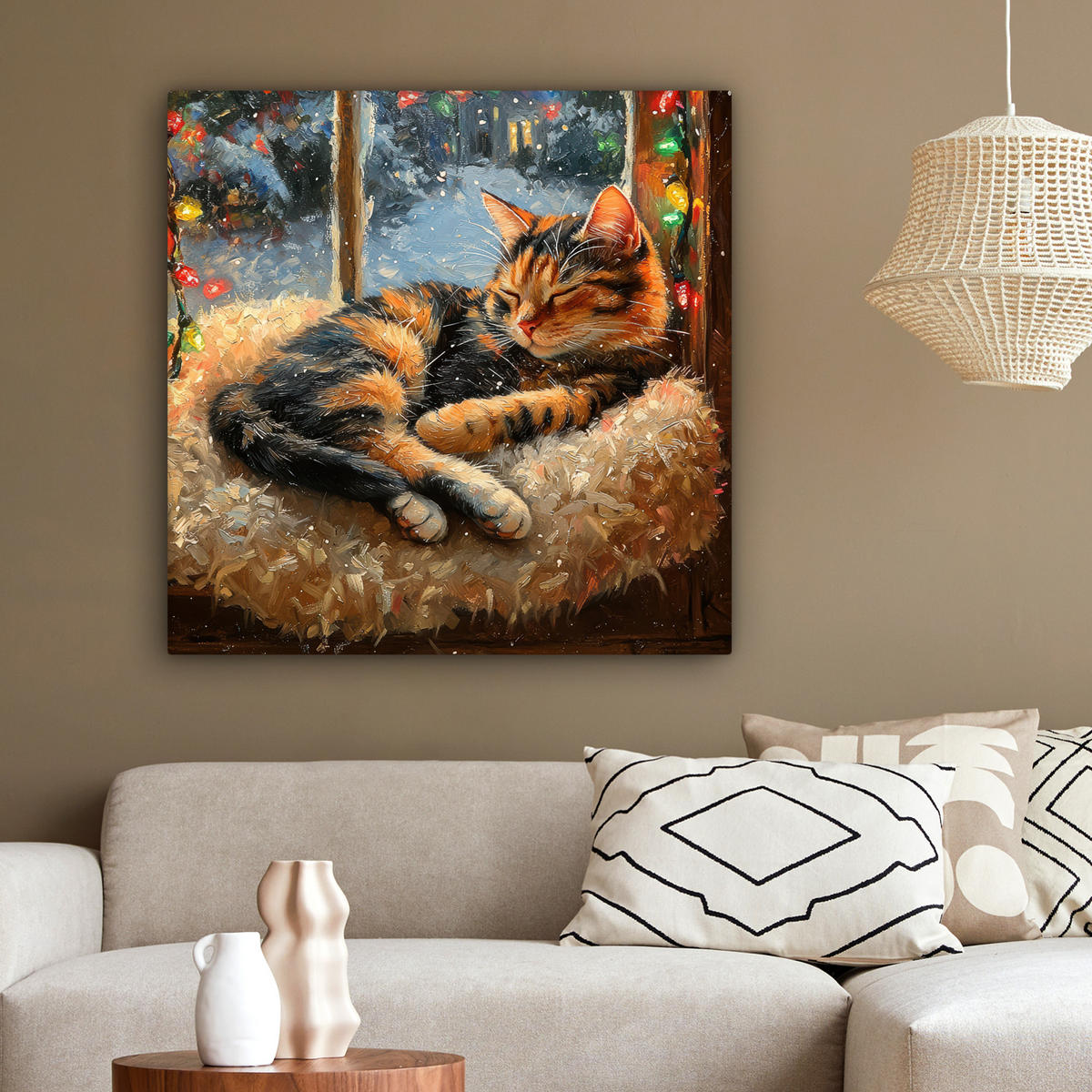 LEINWANDBILD Katze - Weihnachten - Winter - Tier 90x90 cm - Bernsteinfarben, Textil (90/90cm) - MuchoWow