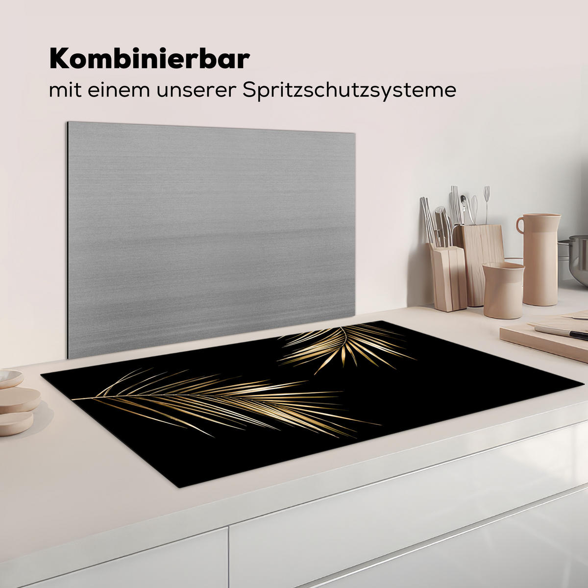 HERDABDECKPLATTE Blätter - Pflanzen - Gold - Schwarz - Luxus Induktionsschutz 91.6x52.7 cm - Goldfarben, Kunststoff (91.6/52.7/0.2cm) - MuchoWow