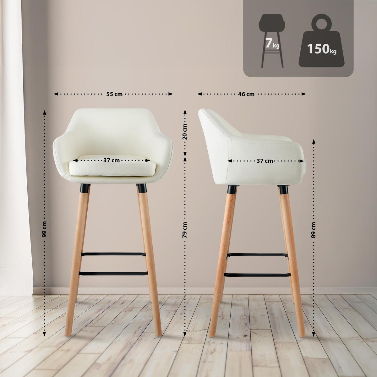 BARHOCKER 2er Set Lederlook Creme - Eukalyptusholzfarben/Creme, Holz/Textil (55/99/46cm) - CLP