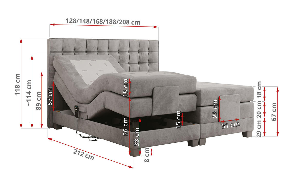 BOXBETT ELEKTRO 200/200 Hellgrau Velvet - H3 - Hellgrau, Holz/Textil (200/200cm) - MKS