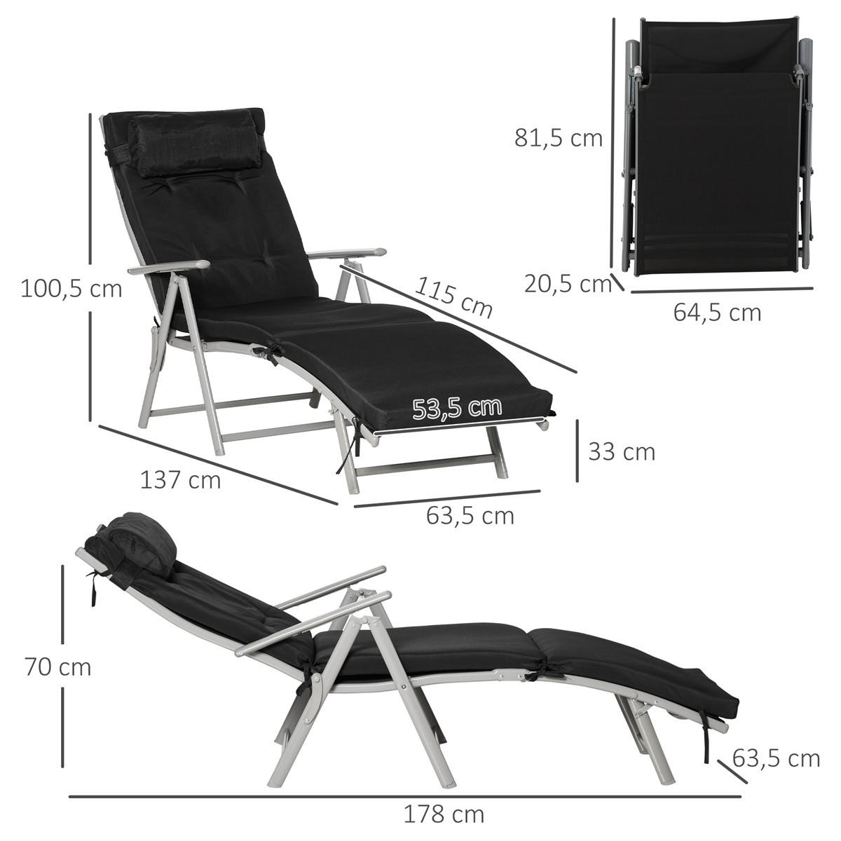 LIEGESTUHL faltbar 7-fach verstellbar mit Kissen schwarz - Schwarz, Metall (63.5/100.5/137cm) - Kaket