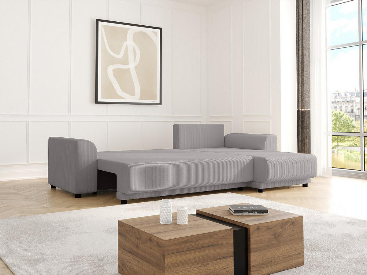 ECKSOFA mit Schlaffunktion - Ecke wechselbar - Cord - Hellgrau - NESSARO - Hellgrau, Textil (240/149cm) - Vente-Unique
