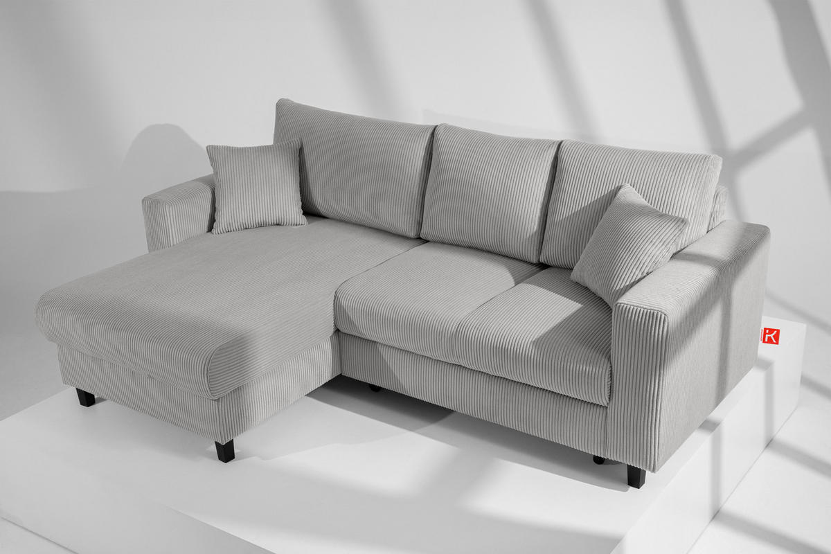 ECKSCHLAFSOFA EGRET Links mit Bettkasten, Cord-Stoff, hellgrau - Hellgrau, Textil (234/90cm) - KONSIMO®