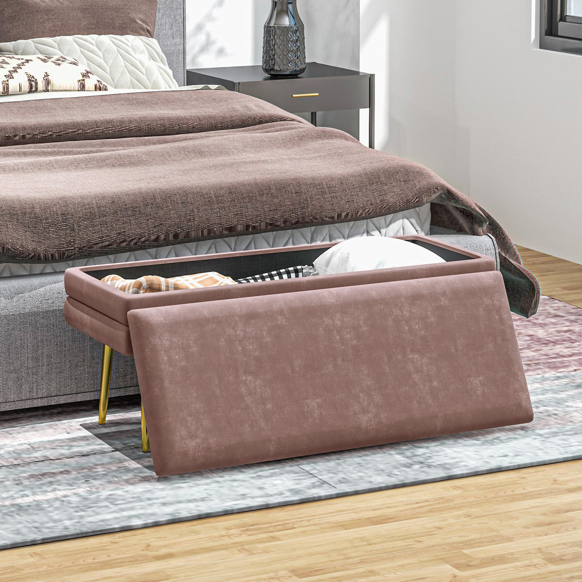 SITZBANK, Polsterbank mit Stauraum, Samtoptik, Bettbank mit Stahlbeine, Rosa - Rosa, Kunststoff (37.5/42/100cm) - HOMCOM