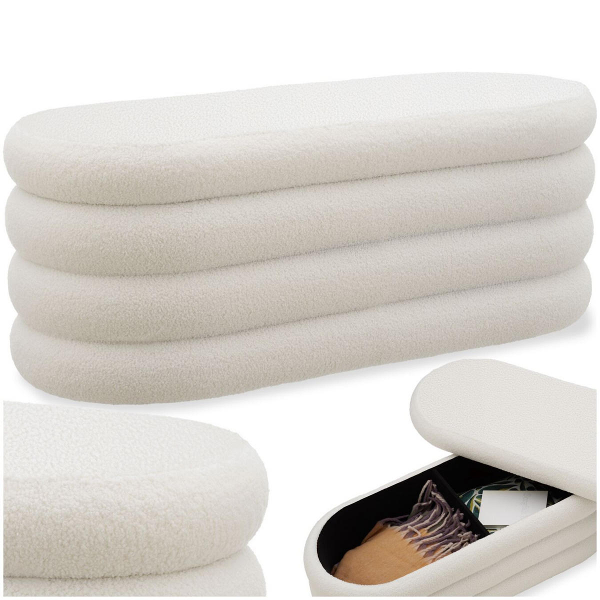 Truhenbank Altu,110 x 45 x 42 cm,Bouclé creme-weiß - Creme/Weiß, Holz (110/42/45cm) - tectake