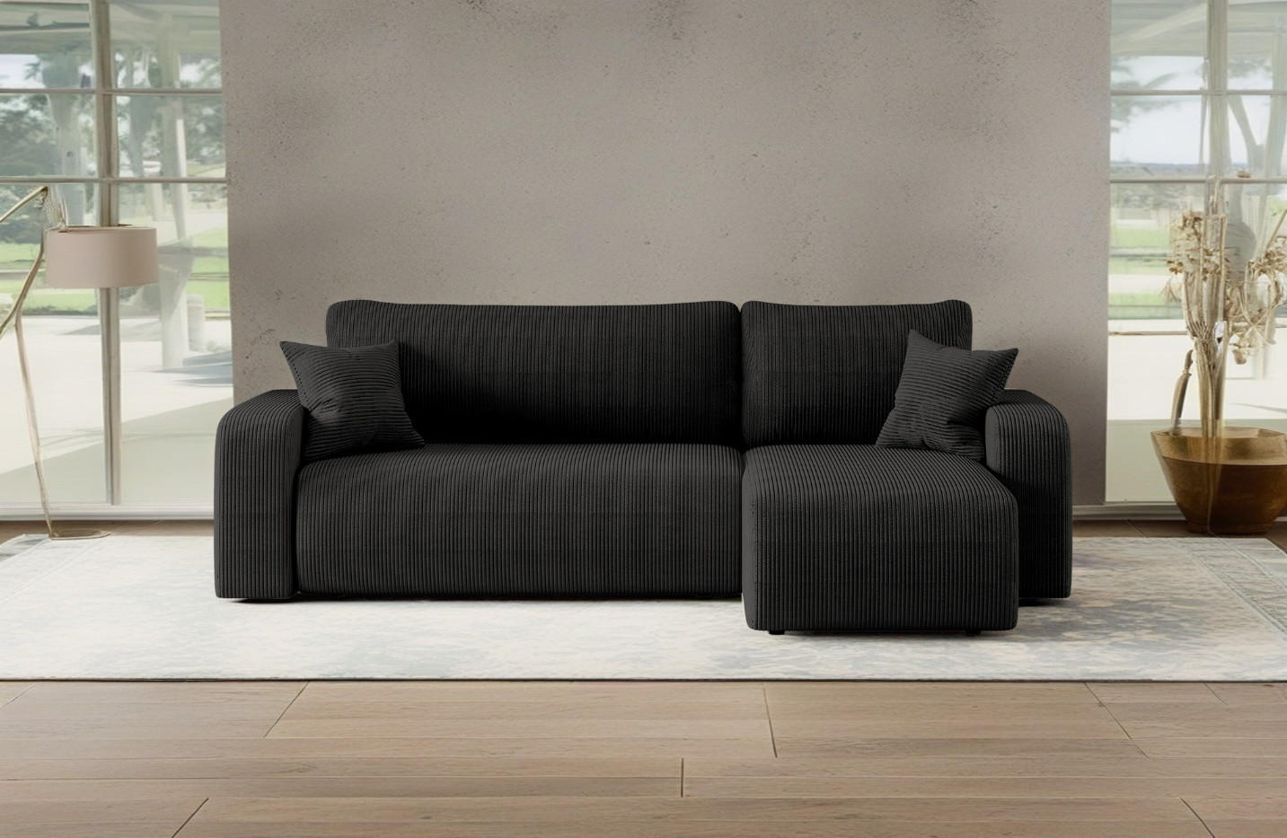 ECKSOFA L-FORM Schlaffunktion Und Bettkasten Eckcouch MILANO L Stoff Dicker Cord Schwarz Rechts - Schwarz, Holz/Textil (244/142cm) - Kaiser Möbel