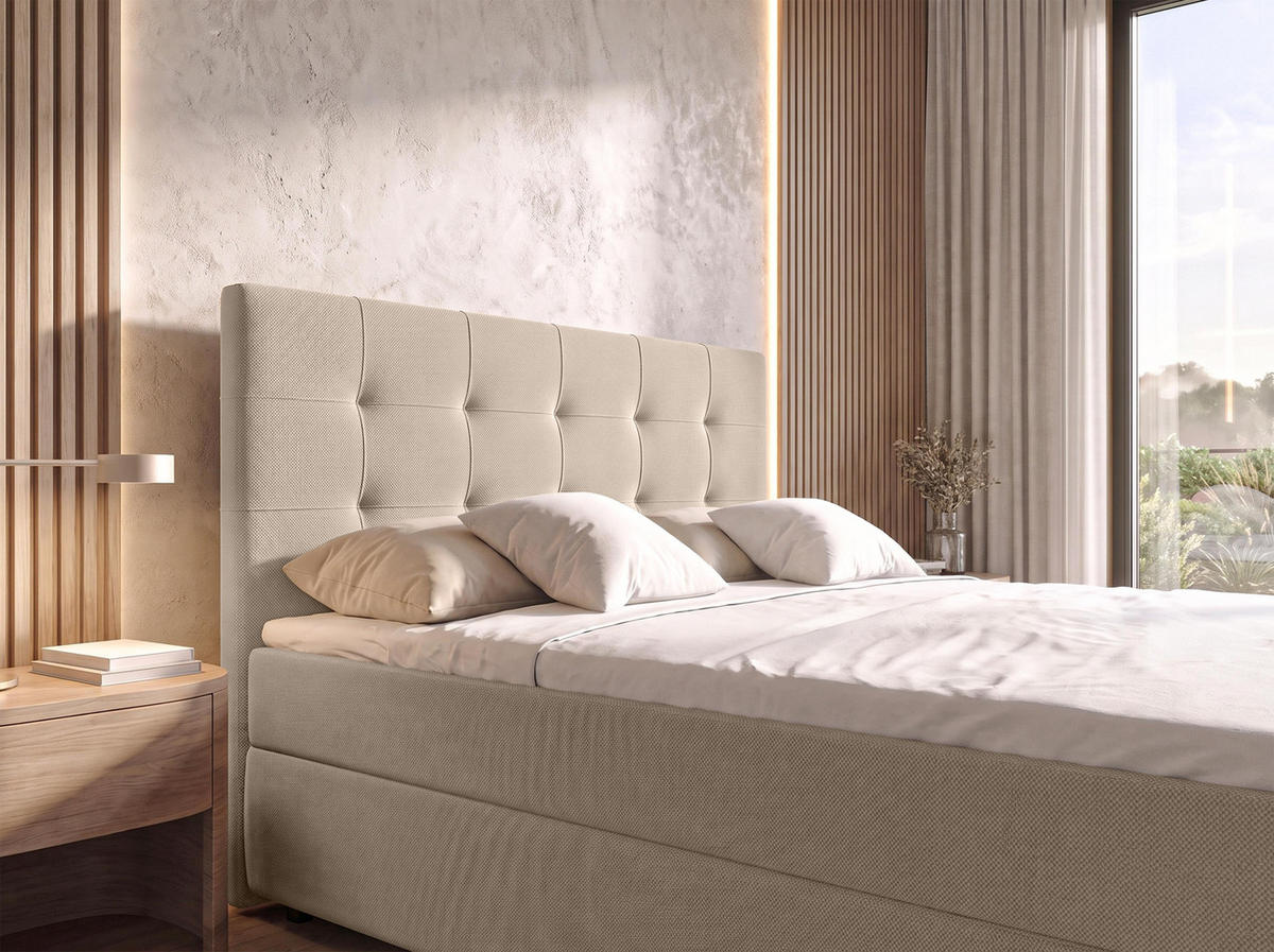 BOXBETT SAKARYA 160x200 cm mit Bettkasten und Matratze - Creme + TOPPER - Creme/Schwarz, Holz/Holzwerkstoff (160/200cm) - AX Living