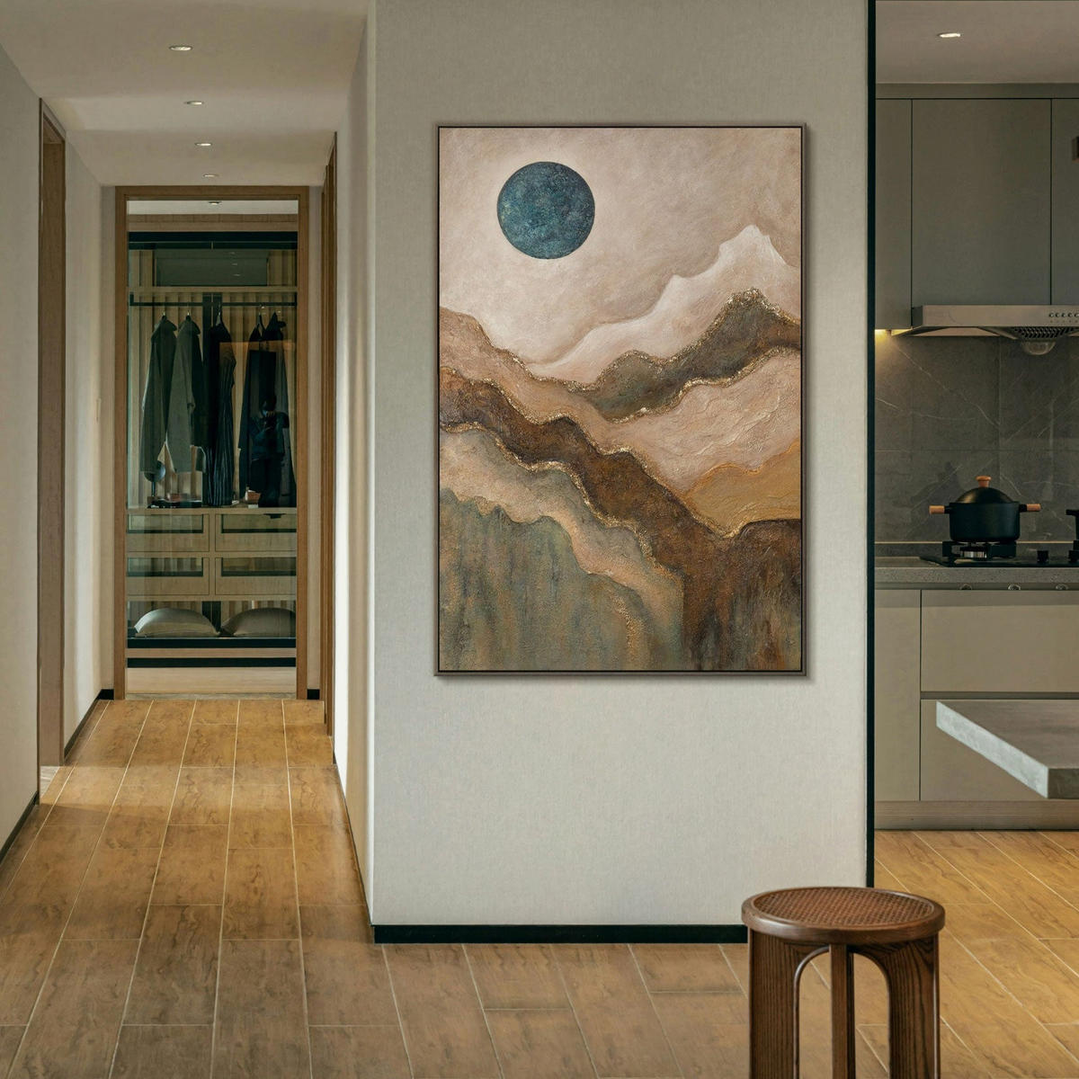 GEMÄLDE Smaragdgrüne Sonne Schattenfugenrahmen Eichefarben 120x80 cm - Eichefarben, Holz (120/80cm) - YS-art gallery