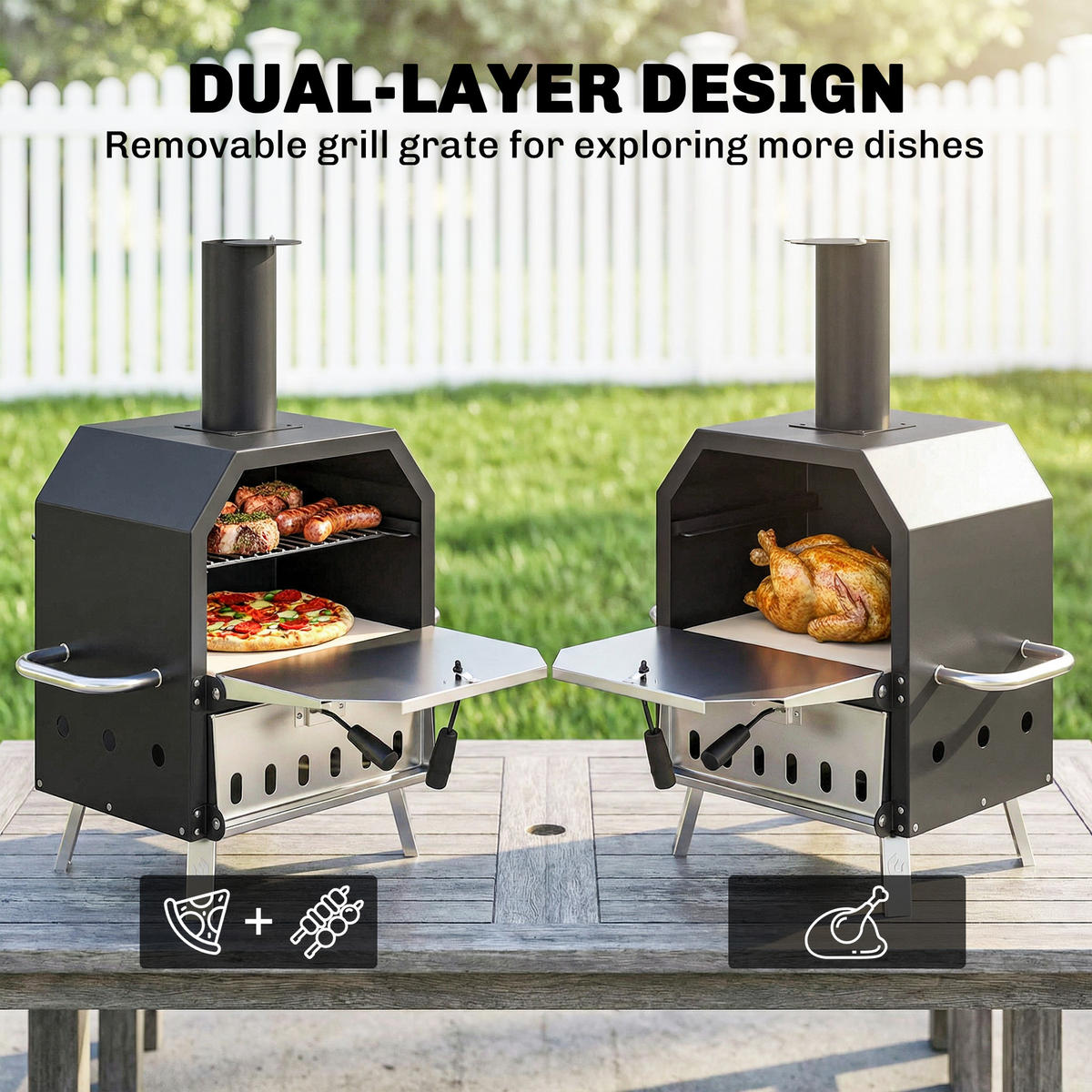 PIZZAOFEN DE-13887 2‑stöckig mit Holzkohle- und Holzbetrieb Schwarz - Schwarz, Metall (47/66/55.5cm) - ComfortXL