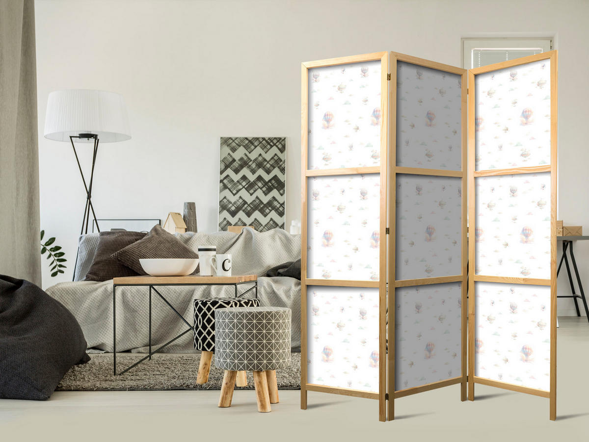 PARAVENT Japanischer 3-tlg 135x172 cm Luftballons Und Wolken - Weiß, Holz/Textil (135/172/3cm) - Muralo
