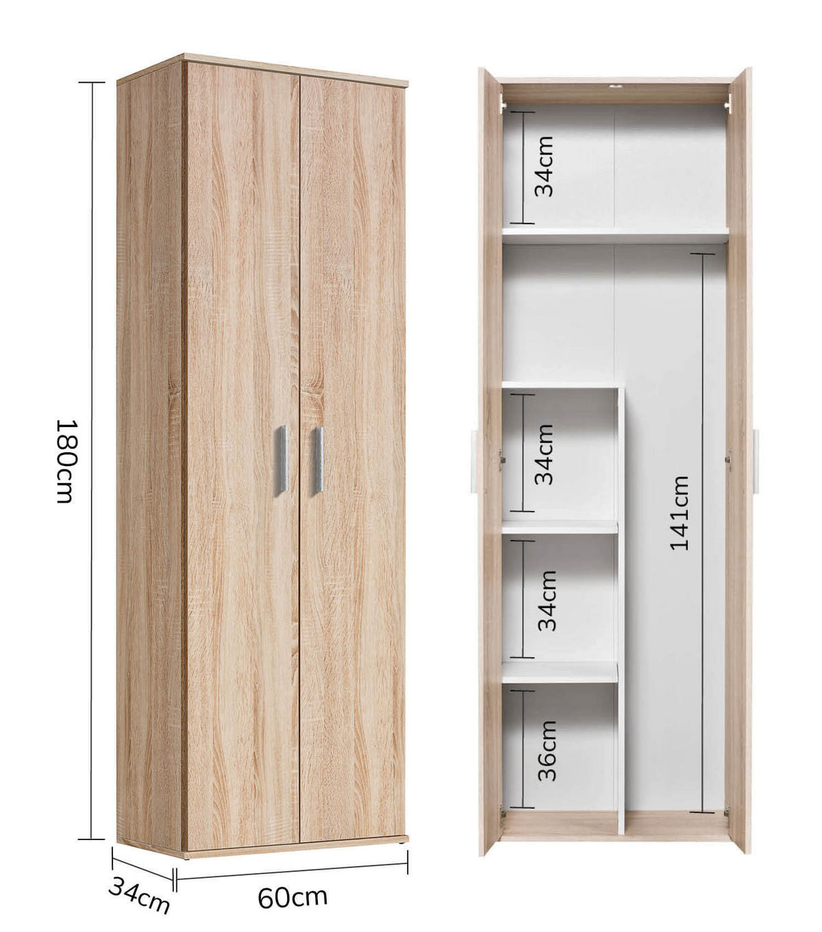 BESENSCHRANK Der Lange - Weiß/Sonoma Eiche, Holzwerkstoff (60/180/34cm) - Mokebo