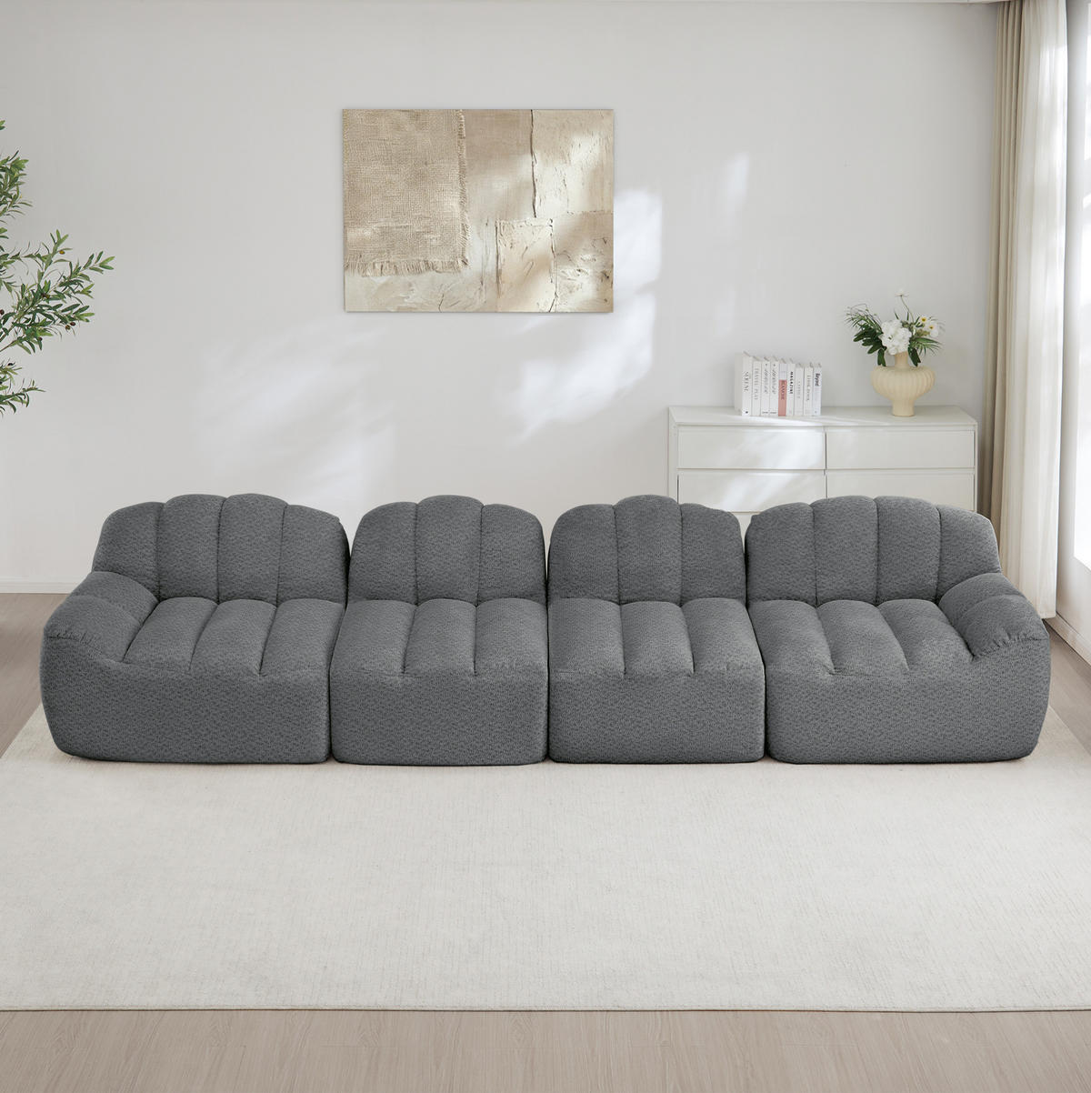 SOFA in Grau aus Granuliertem Fleece mit breiter Sitzfläche - Grau, Textil (104/79/366cm) - Flora Grace