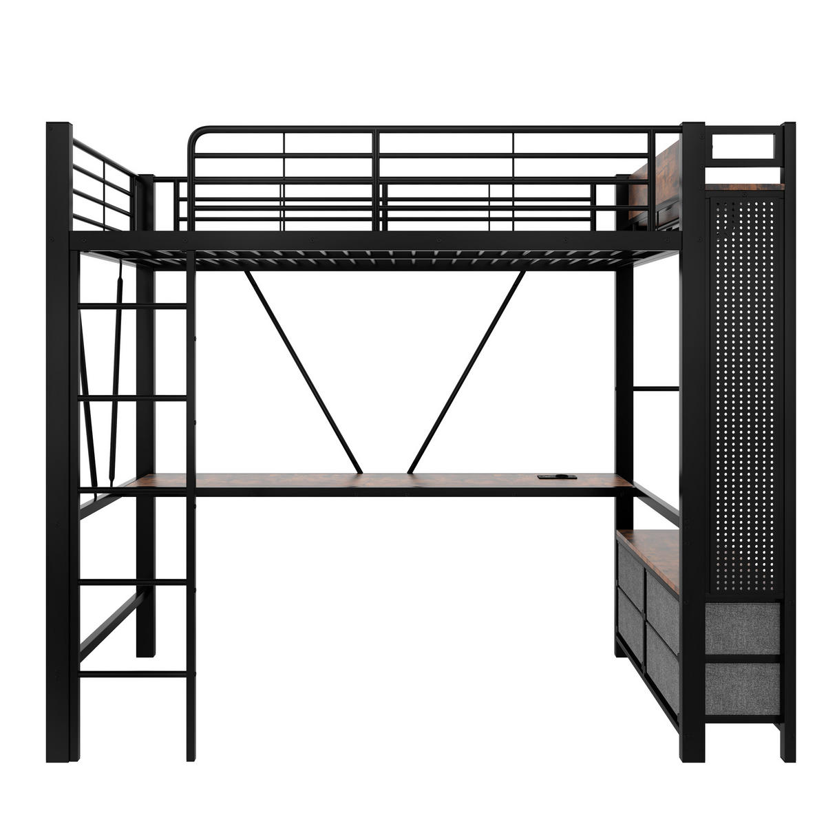 HOCHBETT 90/200 cm in Schwarz mit Schreibtisch, 4 Schubladen, LED und USB/Type-C - Schwarz, Holzwerkstoff/Metall (90/200cm) - STILVORA
