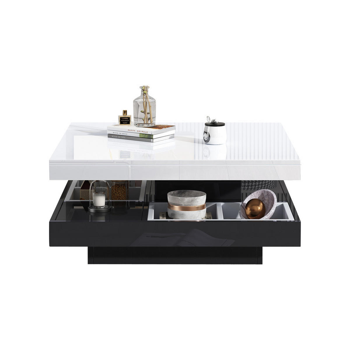 COUCHTISCH 70x70cm Weiß Schwarzes Gestell 360° Drehbar 2-stöckig Ablagefach - Weiß, Holz (82.55/80.65/15.24cm) - FLIEKS