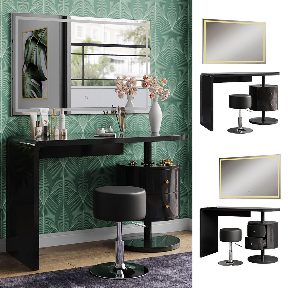 SCHMINKTISCH Lara Schwarz Hochglanz 120 cm mit LED-Spiegel und Hocker - Schwarz Hochglanz, Holzwerkstoff (120/76/50cm) - Vicco